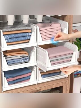 6 Pack Folding Closet Organizers Storage Box, Stackable Storage Bins, Plastic Dr